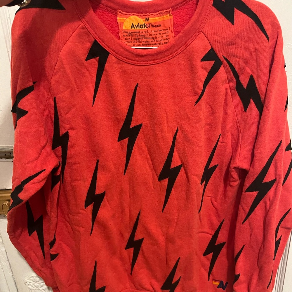 Aviator Nation Red Crewneck Sweater with Lightning Bolts